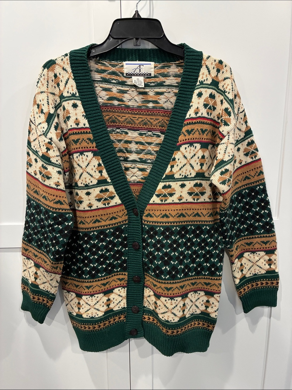 Vintage-Inspired Green Fair Isle Button Cardigan Sweater